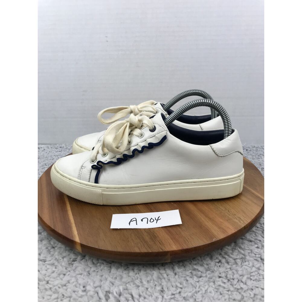 Tory Burch Womens 7.5 Sport Ruffle White Navy Leather Casual Lace Up Sneaker